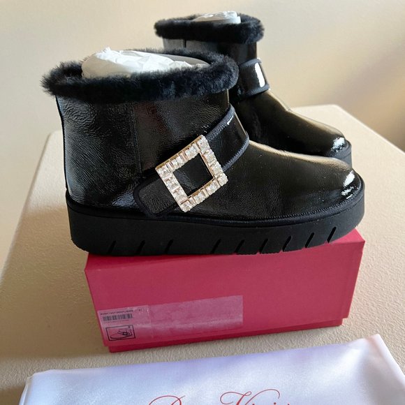 Roger Vivier Viv' Winter Fur Strass Buckle Black Patent Leather Ankle Boots EU41 - Picture 2 of 13